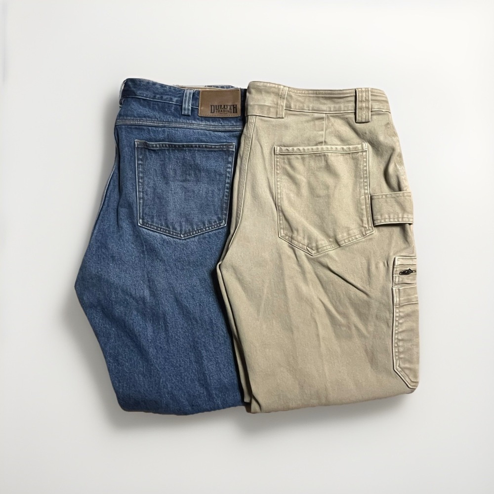Lot of 2 Duluth Trading‎ Co Pants Mens 38x34 Flannel Lined Jeans & Burly Flex